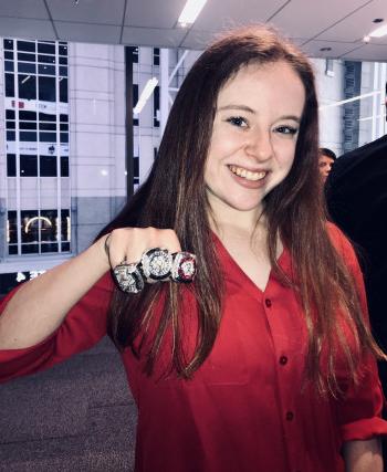 Hanna Snedecor '23 is showcasing the Stanley Cup Championship rings for the Chicago Blackhawks' v...